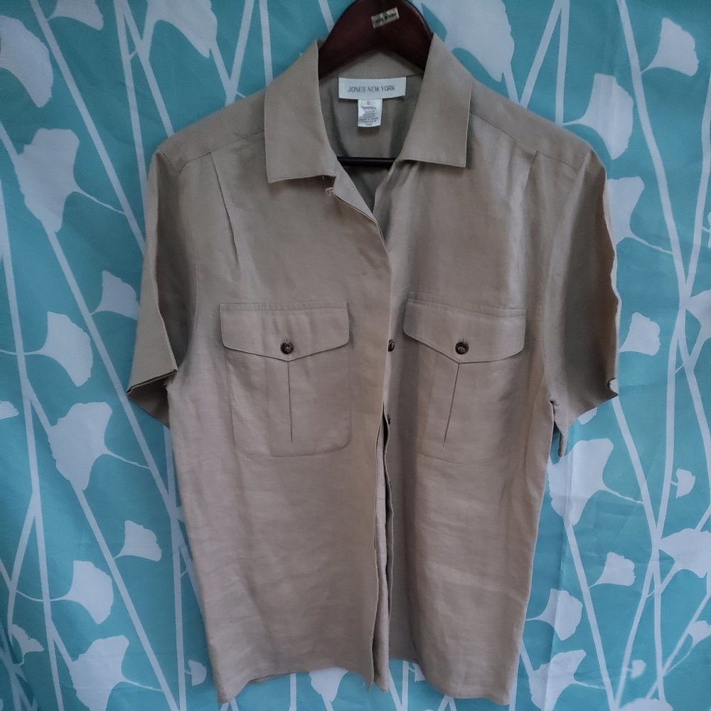 Bermuda Tourist pure Linen blouse shirt by JONES NY with measurements 8  Hickory